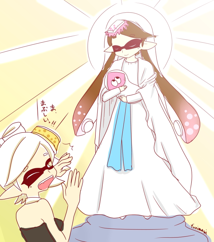 2girls, aori_(splatoon), black_hair, closed_eyes, hinata_mirun, inkling, multiple_girls, splatoon