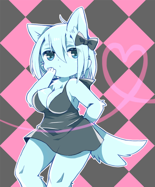 1girl, blue_eyes, blue_hair, breasts, furry, hair_ribbon, long_hair, moka-momaka