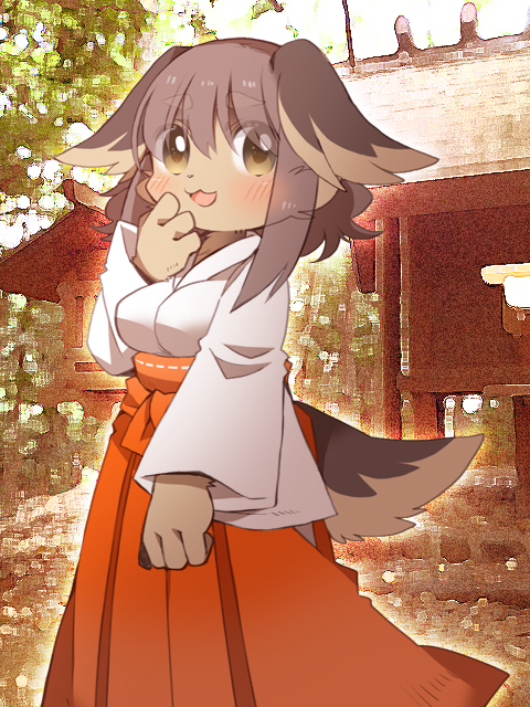 1girl, blush, brown_eyes, brown_hair, dog, female, furry, japanese_clothes