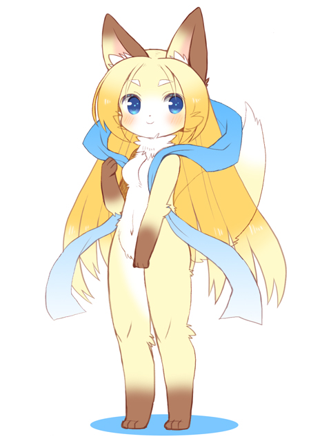 1girl, blonde_hair, blue_eyes, female, fox, full_body, furry, long_hair