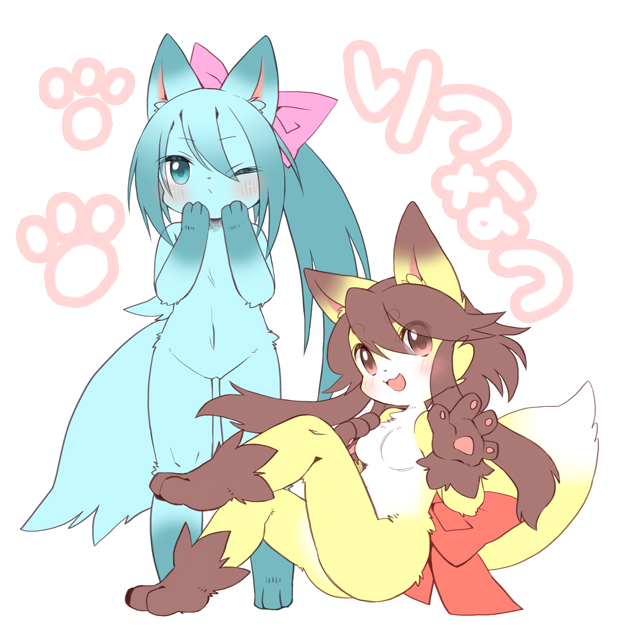 2girls, aqua_eyes, aqua_hair, brown_eyes, brown_hair, fox, furry, long_hair