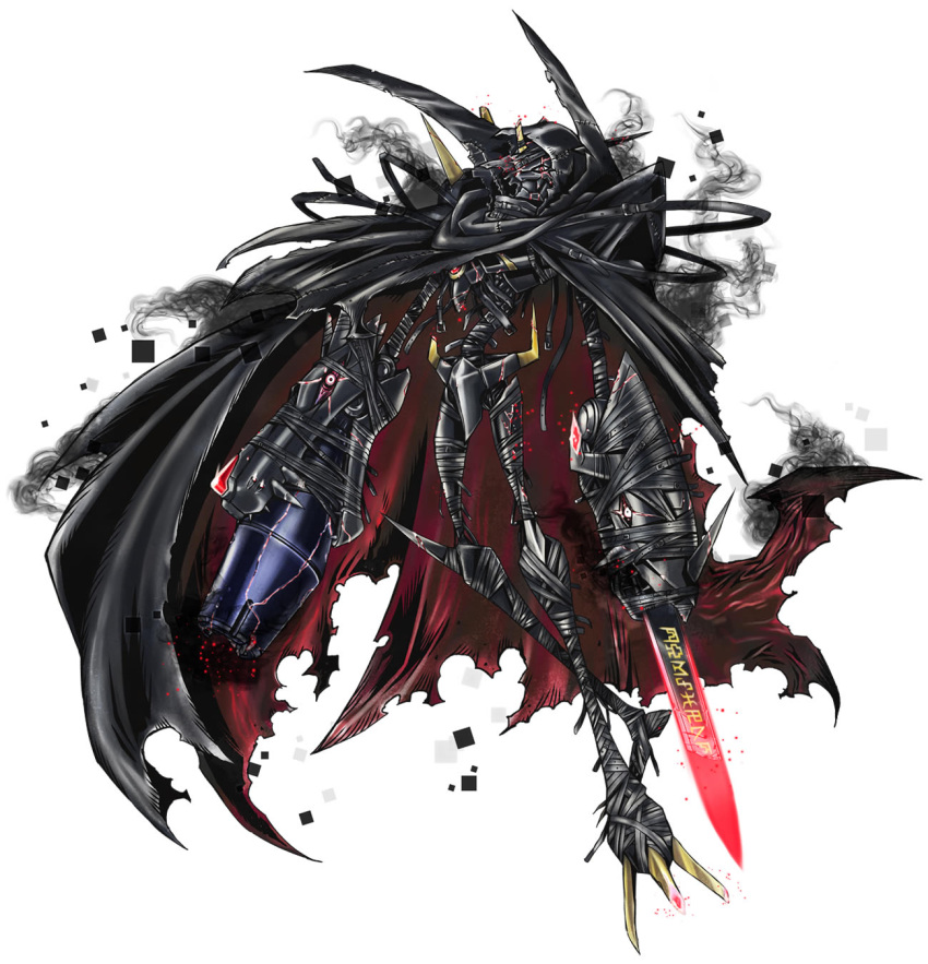 arm_cannon, armor, cannon, cape, darkness, digimon, full_armor, monster, no_humans, omegamon, omegamon_zwart_defeat, solo, sword, weapon