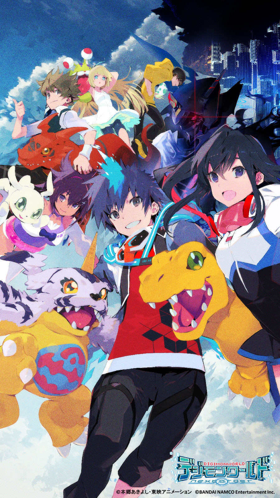 3boys, 3girls, agumon, armlet, armor, bandai, bike_shorts, bird