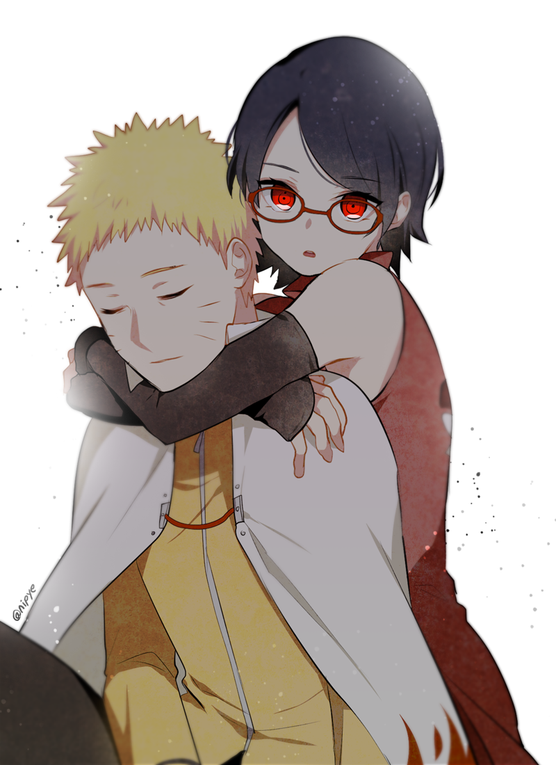 1boy, 1girl, black_hair, blonde_hair, cape, closed_eyes, glasses, hug_from_behind, naruto, naruto_gaiden, nipye, red_eyes, sharingan, short_hair, spiky_hair, uchiha_sarada, uzumaki_naruto, whiskers