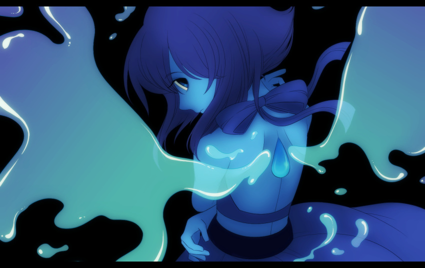 1girl, backless, blue_dress, blue_eyes, blue_hair, blue_skin, cartoon_network, dress, jewel, lapis_lazuli_(steven_universe), looking_back, sikaku367, solo, steven_universe, water, wings