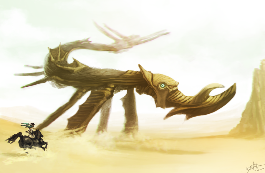 1boy, agro, bow_(weapon), colossus, desert, epic, fantasy, flying