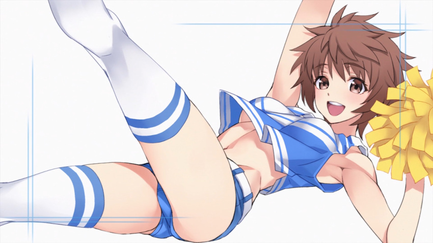 1girl, armpits, blush, breasts, brown_eyes, brown_hair, cheerleader, female