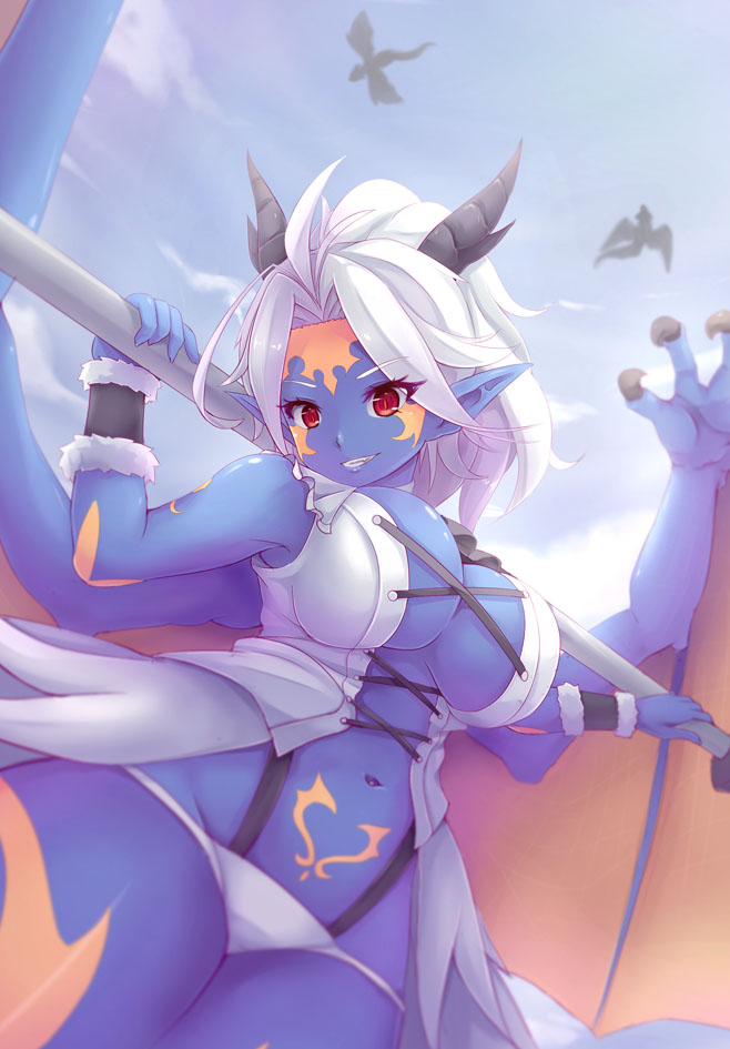 1girl, blue_skin, blurry, breasts, cleavage, clouds, cowboy_shot, curvy, depth_of_field, dragon_girl, dunceneygak, fang, flying, from_below, gate_-_jieitai_ka_no_chi_nite_kaku_tatakaeri, giselle_(gate), grin, horns, large_breasts, lowleg, lowleg_panties, monster_girl, navel, panties, pointy_ears, red_eyes, shiny, shiny_skin, skindentation, sky, slit_pupils, smile, solo, thick_thighs, thighs, underwear, white_hair, white_panties, wide_hips, wings