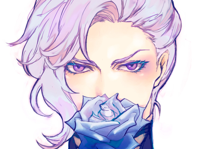 1boy, angelo_sauper, close-up, eyelashes, flower, gundam, gundam_unicorn, looking_at_viewer