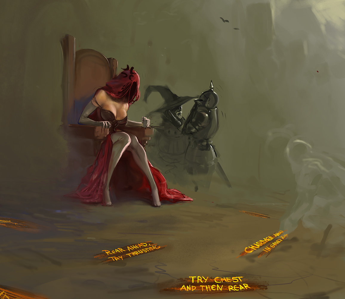 1girl, anger_vein, angry, armor, beard, breasts, cleavage, dark_souls