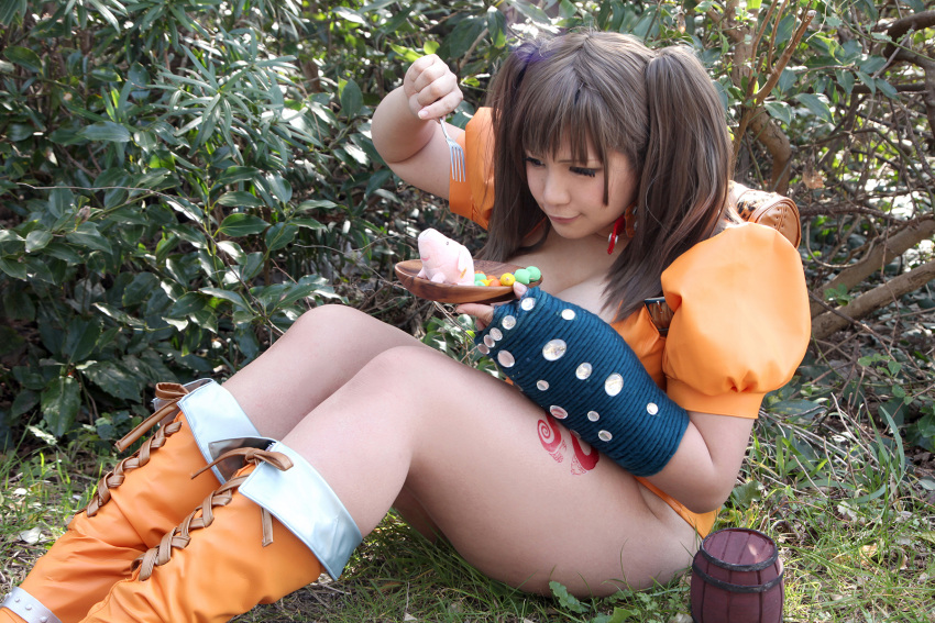 1girl, asian, ass, breasts, brown_hair, chouzuki_maryou, cleavage, cosplay, diane_(nanatsu_no_taizai), diane_(nanatsu_no_taizai)_(cosplay), food, fork, giantess, gloves, hawk_(nanatsu_no_taizai), leotard, nanatsu_no_taizai, photo, pig, plump, puffy_short_sleeves, puffy_sleeves, short_sleeves, solo, twintails, violet_eyes
