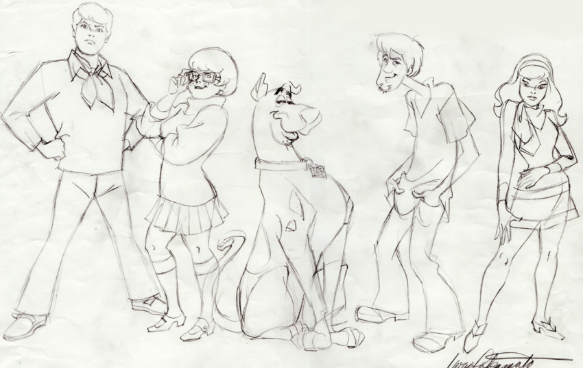 1other, 2boys, 2girls, beard, concept_art, daphne_ann_blake, dog, facial_hair