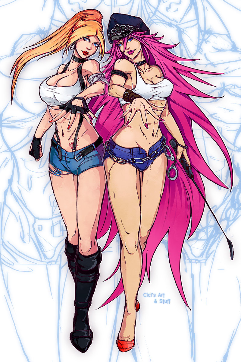 2girls, abs, alternate_costume, belt, blonde_hair, blue_eyes, boots, breasts, choker, cici, cleavage, collar, crop_top, crossover, cutoffs, dead_or_alive, denim, denim_shorts, earrings, final_fight, fingerless_gloves, gloves, handcuffs, hat, high_heels, hoop_earrings, knee_boots, lipstick, long_hair, makeup, midriff, multiple_girls, nail_polish, navel, ninja_gaiden, open_fly, peaked_cap, pink_hair, poison_(final_fight), ponytail, rachel_(ninja_gaiden), riding_crop, short_shorts, shorts, stomach, street_fighter, suspenders, tank_top, tattoo, toned, unzipped, very_long_hair