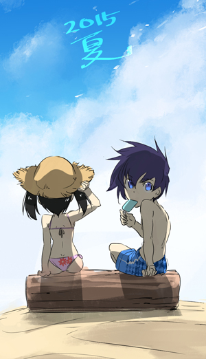 1boy, 1girl, akame_ga_kill!, beach, bikini, black_hair, blue_eyes, chibi