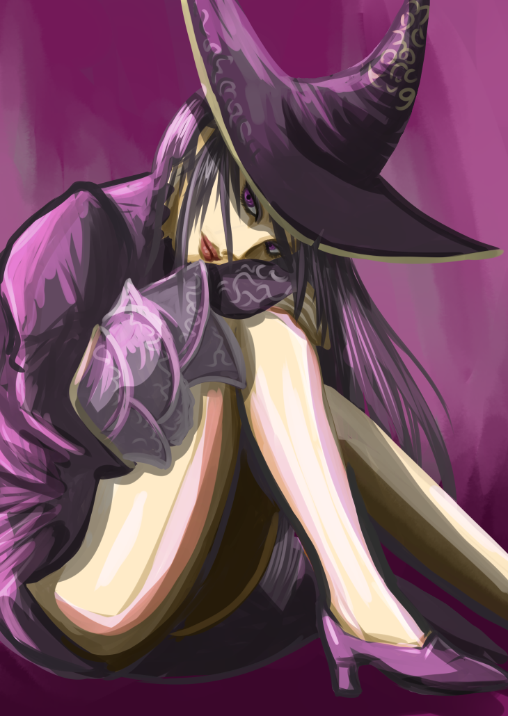 artist_request, dark_souls, dark_souls_ii, from_software, hat, high_heels, lips, looking_at_viewer, purple_hair, souls_(from_software), violet_eyes, witch, witch_hat, zullie_the_witch