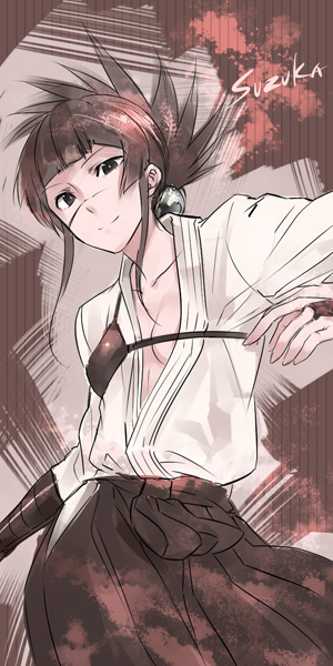 1girl, akame_ga_kill!, bells, black_eyes, black_hair, official_art, scar, skirt, square_enix, suzuka_(akame_ga_kill!), tashiro_tetsuya