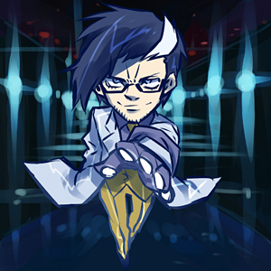 1boy, akame_ga_kill!, black_hair, blue_eyes, chibi, dr._stylish, glasses, gloves