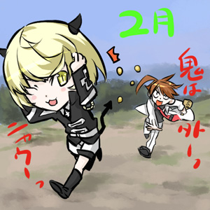 2boys, akame_ga_kill!, blonde_hair, brown_hair, chibi, cross, devil_horns, devil_tail