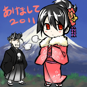 1boy, 1girl, akame, akame_ga_kill!, black_hair, blush, bulat, chibi