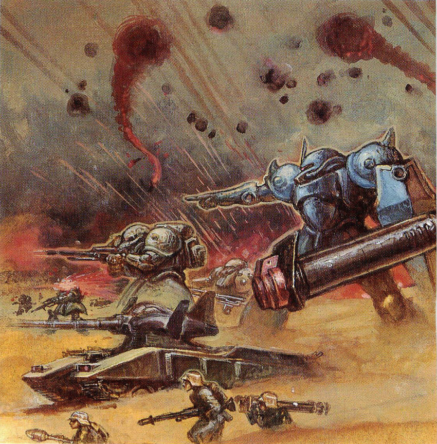 battle, gouf, gun, gundam, helmet, magella_attack, mecha, military, military_vehicle, mobile_suit_gundam, rocket_launcher, shield, smoke, soldier, tank, weapon, zaku