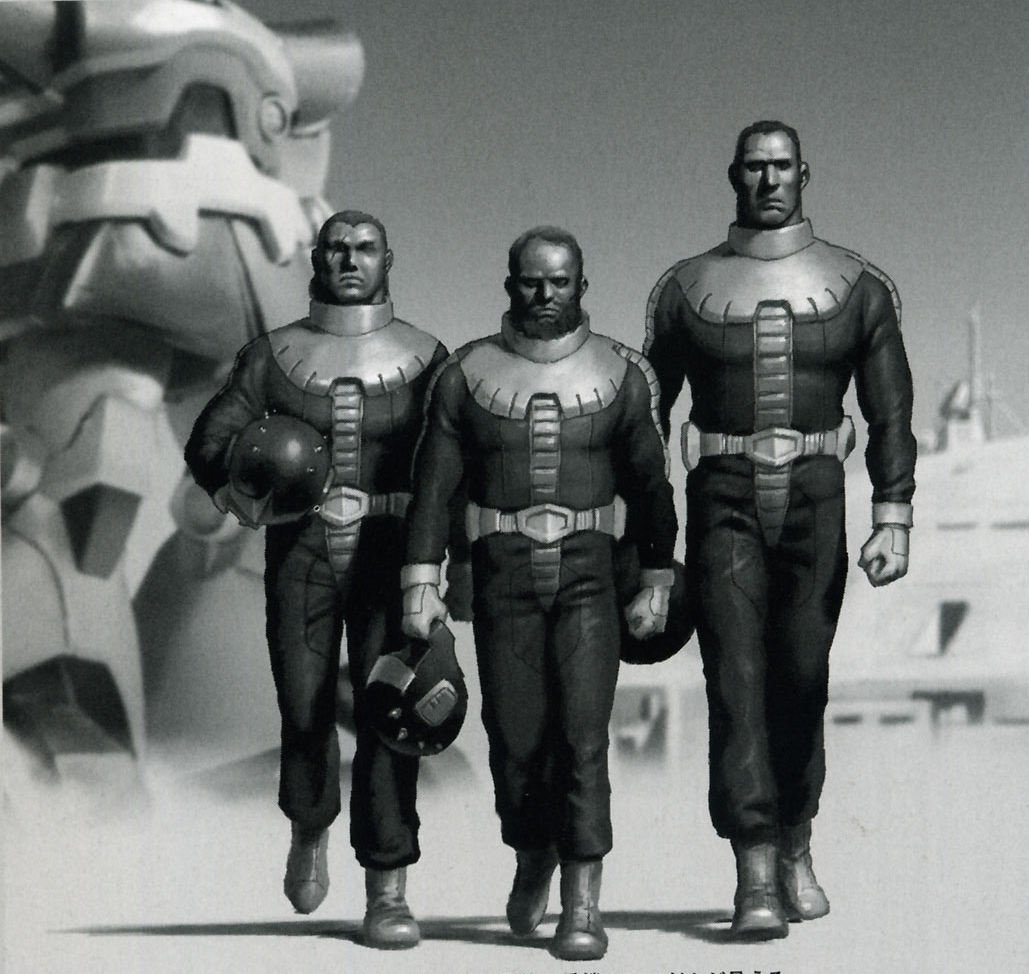 black_tri-stars, dom, gundam, mecha, mobile_suit_gundam, monochrome, pilot_suit, scar