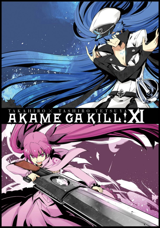 2girls, akame_ga_kill!, akame_ga_kill!_extra_covers, belt, blue_eyes, blue_hair, breasts, cleavage, cross, dress, esdeath, gun, huge_weapon, long_hair, military, military_uniform, mine_(akame_ga_kill!), multiple_girls, pink_eyes, pink_hair, ribbon, smile, tashiro_tetsuya, twintails, uniform, very_long_hair, weapon