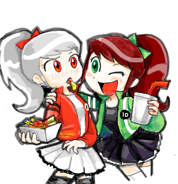 2girls, albedo_(ben_10), ben_10, ben_10:_alien_force, benjamin_kirby_tennyson, blush, brown_hair, cartoon_network