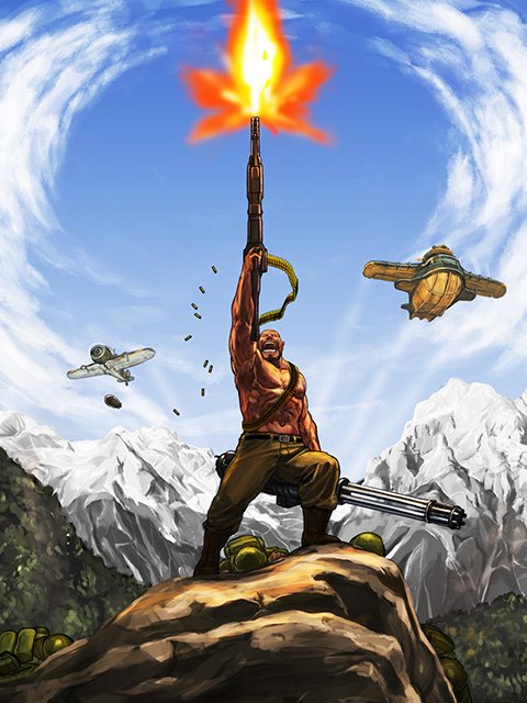 1boy, allen_o'neil, bandolier, firing, gun, machine_gun, metal_slug, mountain, muscle, plane, sky, snk, solo, weapon