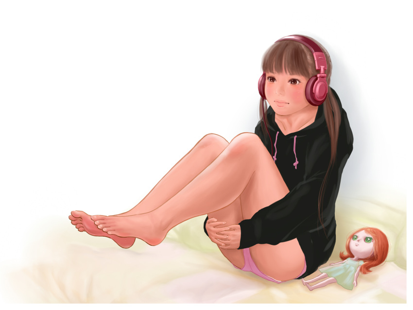 1girl, barefoot, bed, blush, brown_hair, doll, feet, headphones