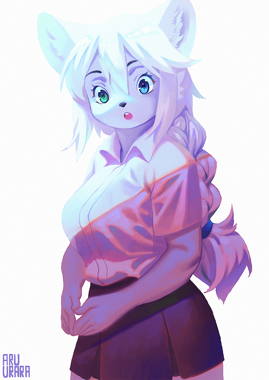 1girl, aruurara, blue_eyes, dog, female, furry, open_mouth, skirt