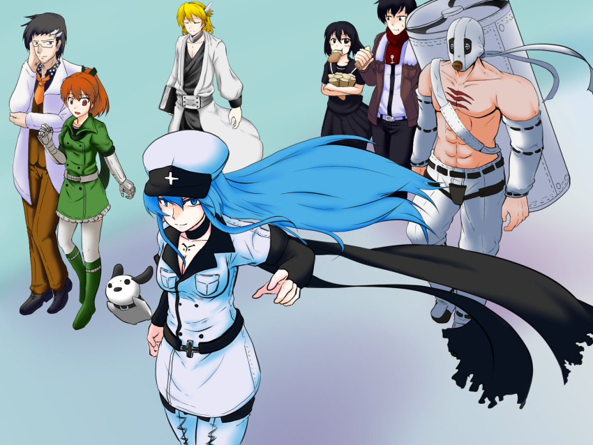 akame_ga_kill!, anchor, belt, black_eyes, black_hair, blonde_hair, blue_eyes, blue_hair