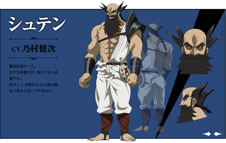 1boy, akame_ga_kill!, akame_ga_kill!_character_sheet, bald, barefoot, beard, black_hair, braid, character_sheet, facial_hair, grin, official_art, robe, simple_background, smile, solo, spiral_eyes, sten_(akame_ga_kill!)