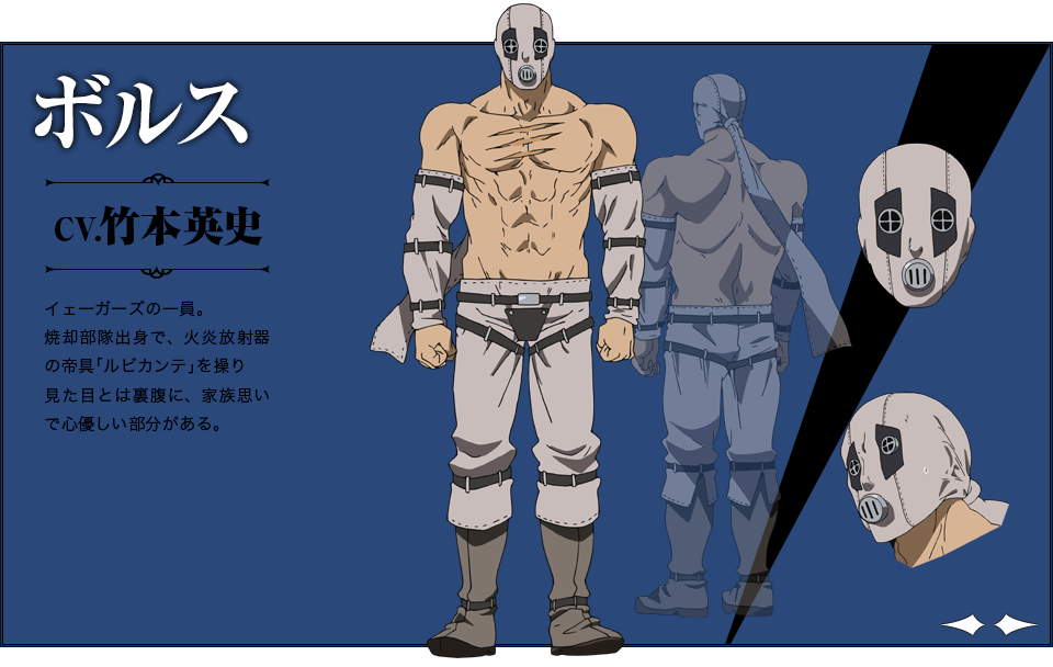 1boy, akame_ga_kill!, akame_ga_kill!_character_sheet, bols, character_sheet, gas_mask, official_art, scar, shirtless, simple_background, solo