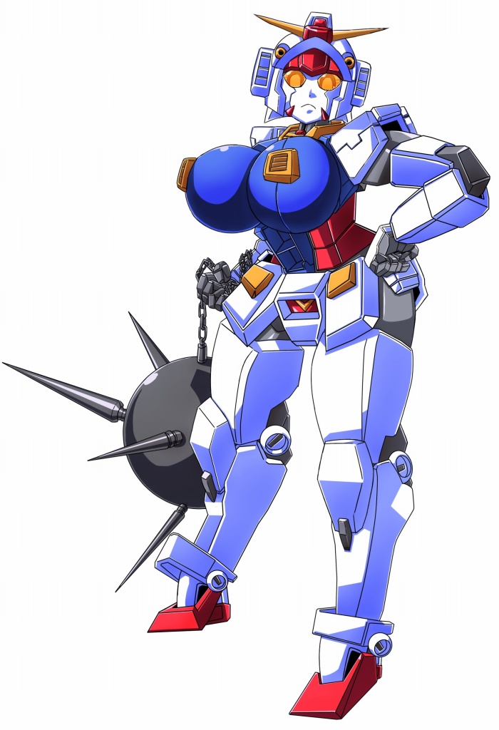 1girl, breasts, gundam, looking_at_viewer, marokko_(41evol), robot, robot_girl, weapon