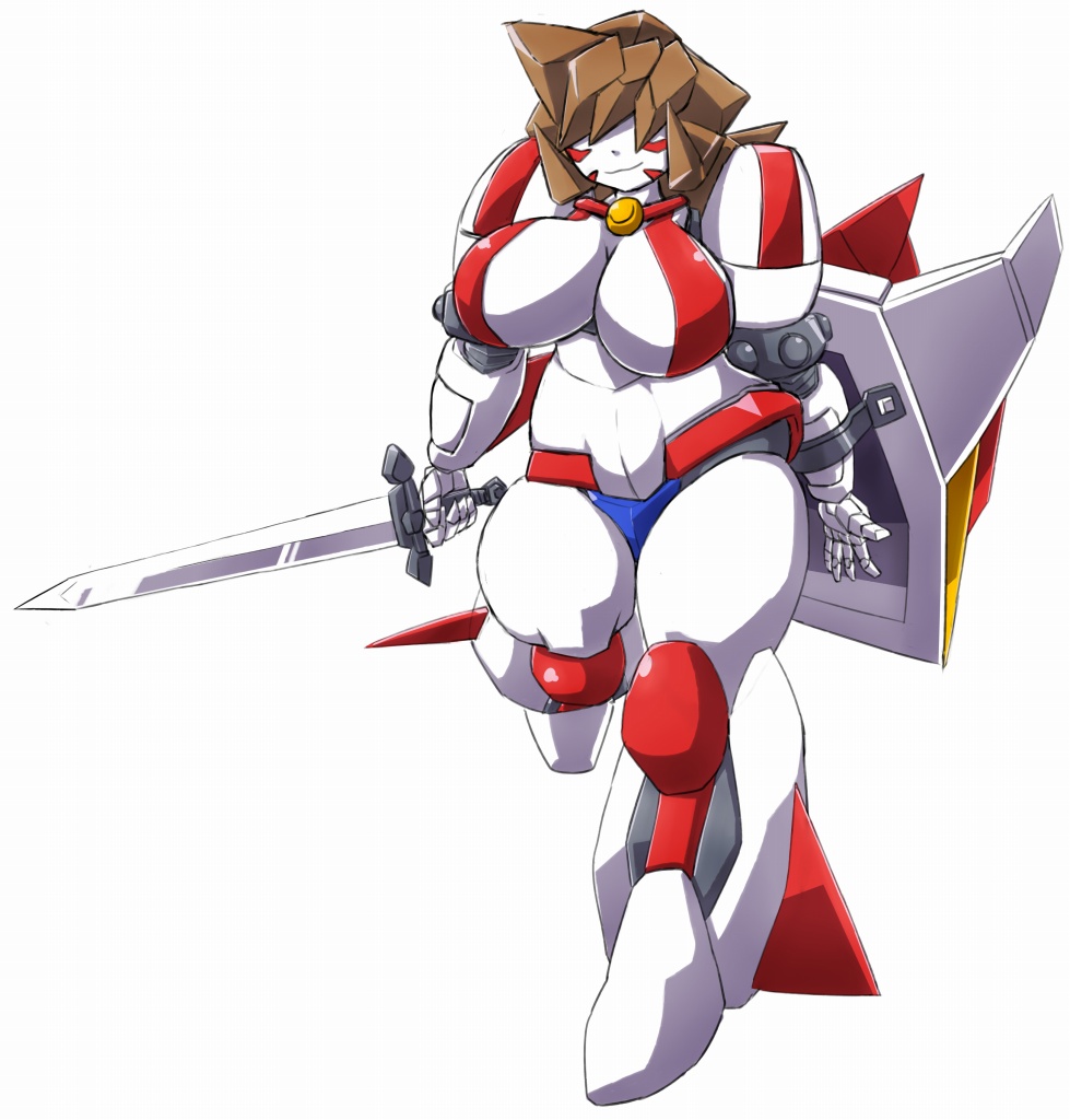 1girl, breasts, getter_robo, marokko_(41evol), robot, robot_girl, shield, sword