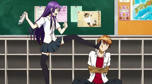 1boy, 1girl, animated, animated_gif, d-frag!, karasuyama_chitose, single_shoe, thigh-highs
