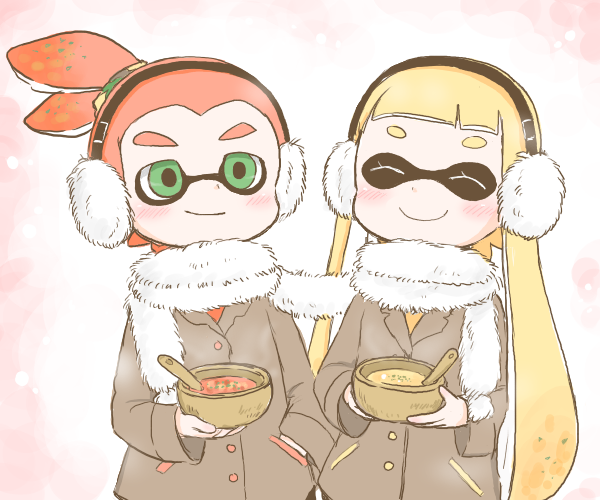 1boy, 1girl, blush, closed_eyes, earmuffs, green_eyes, inkling, lip_(coco)
