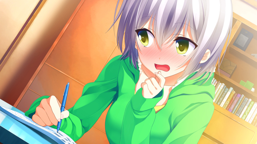 1girl, blush, book, bookshelf, collarbone, female, game_cg, hood