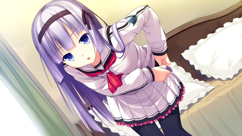 1girl, black_legwear, black_pantyhose, blue_eyes, female, frilled_skirt, frills, game_cg