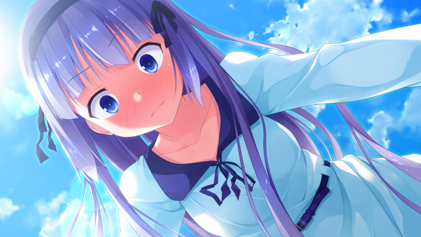 1girl, belt, blue_eyes, blush, closed_mouth, clouds, collarbone, female