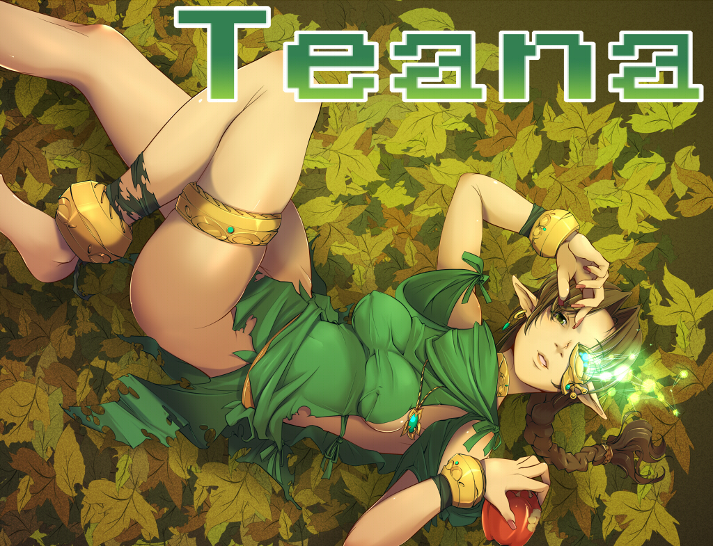 braid, character_name, elf, erect_nipples, leaf, leaves, lying, magic