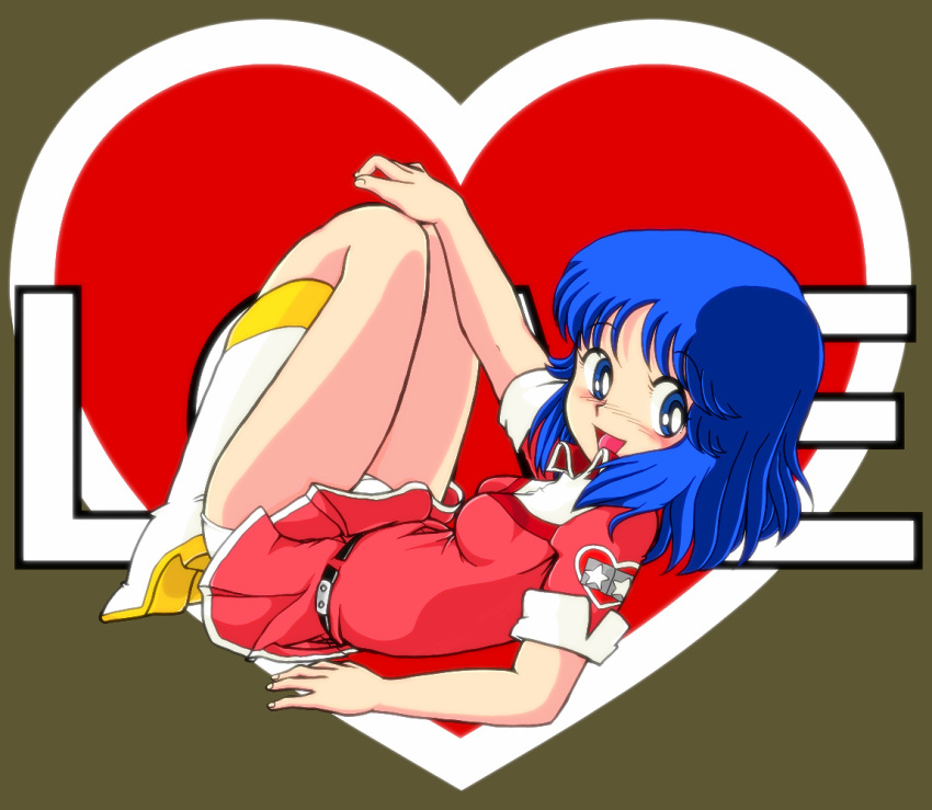 1girl, 80s, arm_support, blue_eyes, blue_hair, boots, character_request, copyright_request, dress, g-hiiragi, heart, legs, looking_at_viewer, looking_back, lying, miniskirt, oldschool, on_back, on_side, open_mouth, panties, pantyshot, pink_skirt, pleated_skirt, short_dress, skirt, smile, underwear, upskirt, white_boots, white_panties
