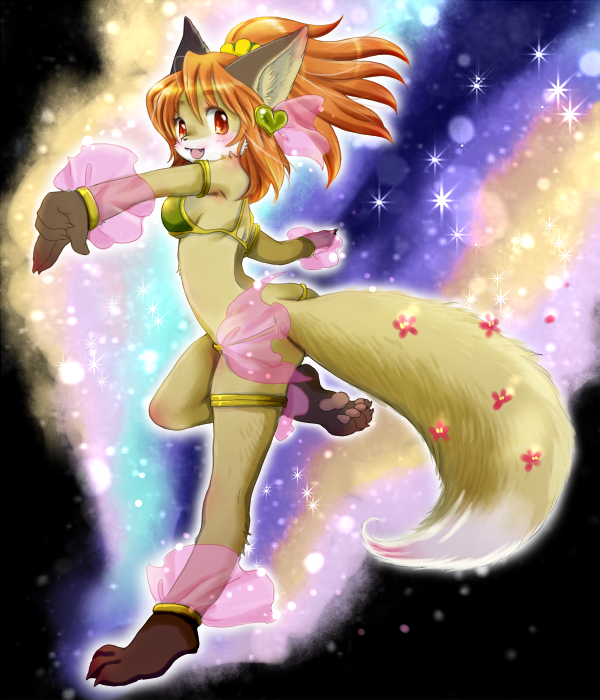 1girl, animal_ears, barefoot, breasts, feet, female, fox, fukuwan, full_body, furry, gradient, gradient_background, open_mouth, orange_hair, pawpads, paws, ponytail, red_eyes, soles, solo, tail, toes