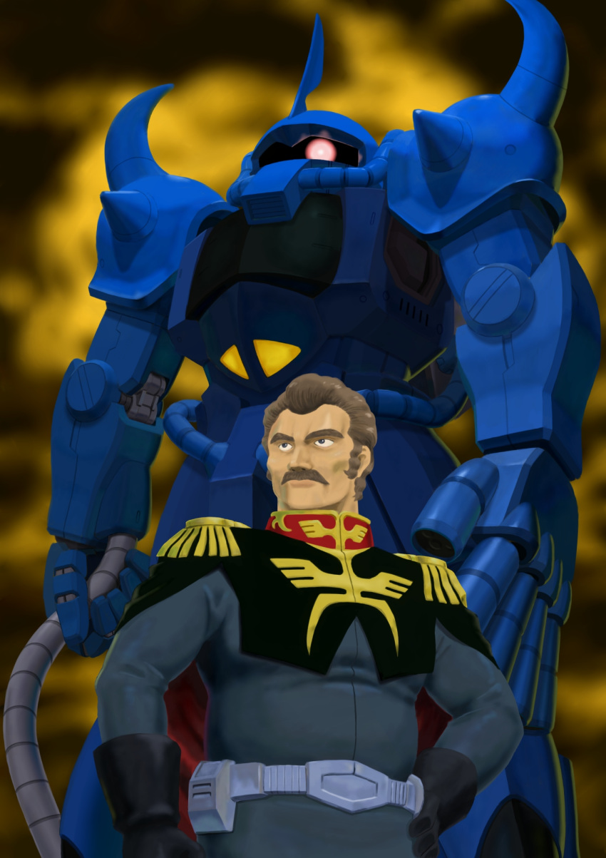 1boy, artist_request, brown_hair, facial_hair, gloves, gouf, gundam, heat_rod
