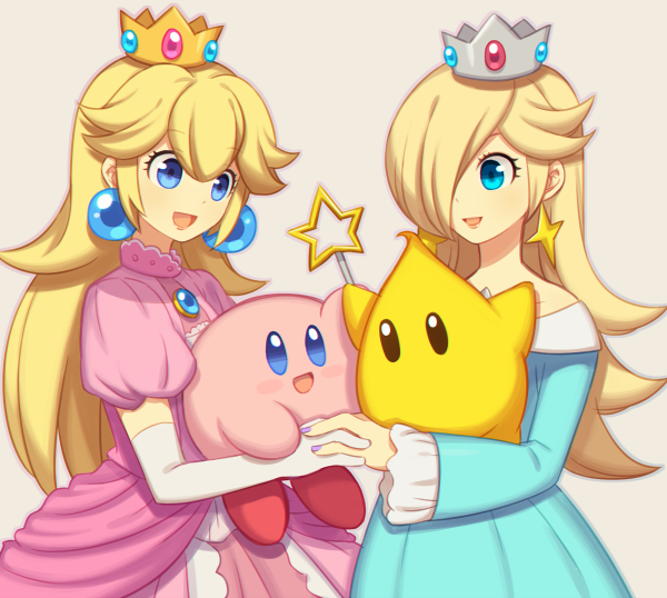 2girls, 2others, adorable, blonde_hair, blue_eyes, chiko_(mario), crossover, crown