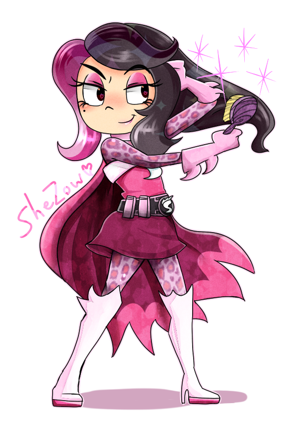 1boy, bad_id, blush, boots, character_name, eyeshadow, full_body, gloves, guy_hamdon, hair_brush, hair_brushing, heart, heart-shaped_pupils, high_heels, ichigoaimin, makeup, male_focus, shezow, solo, standing, symbol-shaped_pupils, trap