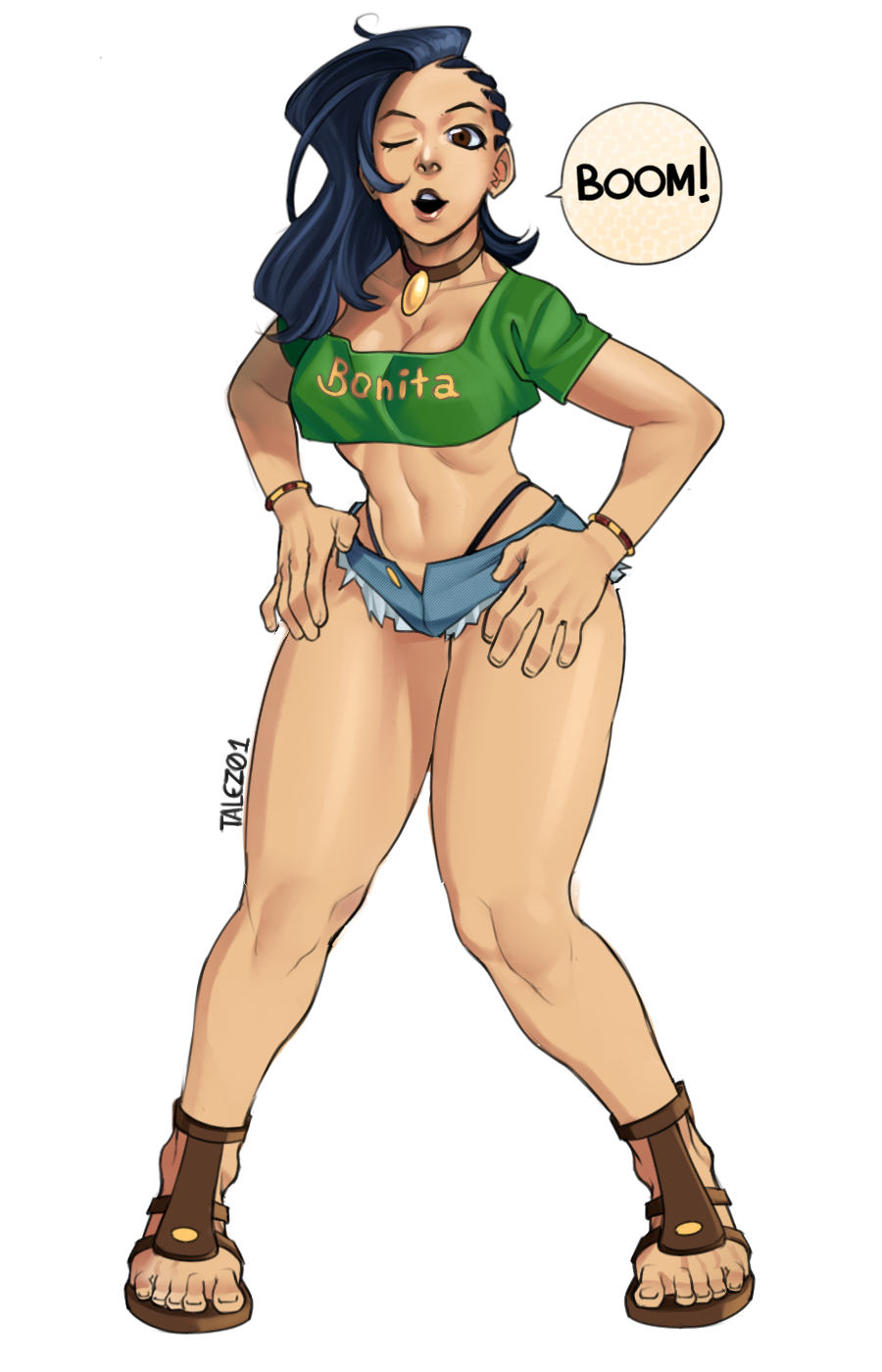 1girl, alternate_costume, asymmetrical_hair, black_hair, capcom, cornrows, crop_top, english, laura_matsuda, sandals, short_shorts, shorts, speech_bubble, street_fighter, street_fighter_v, talez, thong
