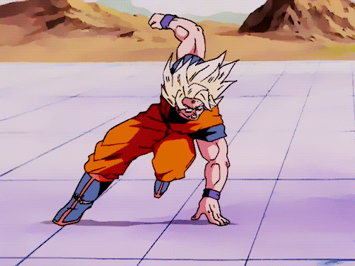 2boys, 90s, android, animated, animated_gif, arena, armor, battle, belt, blocking, blonde_hair, bug, cell_(dragon_ball), debris, dougi, dragon_ball, dragonball_z, fast, fight, insect_wings, kicking, male_focus, multiple_boys, muscle, punch, son_gokuu, spots, super_saiyan, teleport, white_skin, wings, wristband