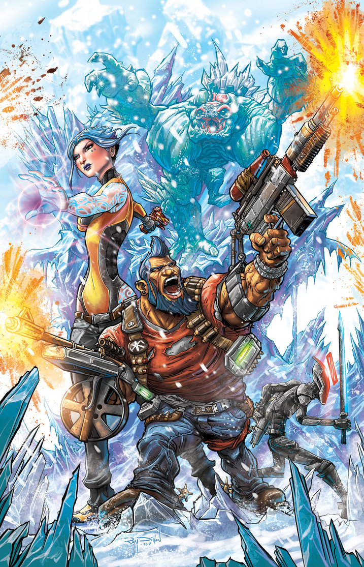1girl, 2boys, armor, beard, blue_hair, borderlands, borderlands_2, brown_hair, epic, facial_hair, gun, helmet, ice, lipstick, makeup, maya_(borderlands), mountains, multiple_boys, open_mouth, salvador_(borderlands), snow, sword, weapon, zer0