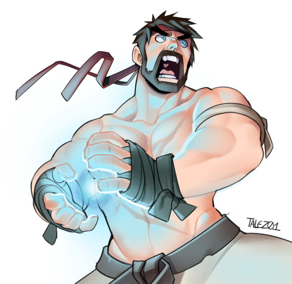 1boy, alternate_costume, beard, black_hair, capcom, energy_ball, facial_hair, headband, open_mouth, ryuu_(street_fighter), shirtless, shouting, solo, street_fighter, street_fighter_v, talez, wrist_wraps